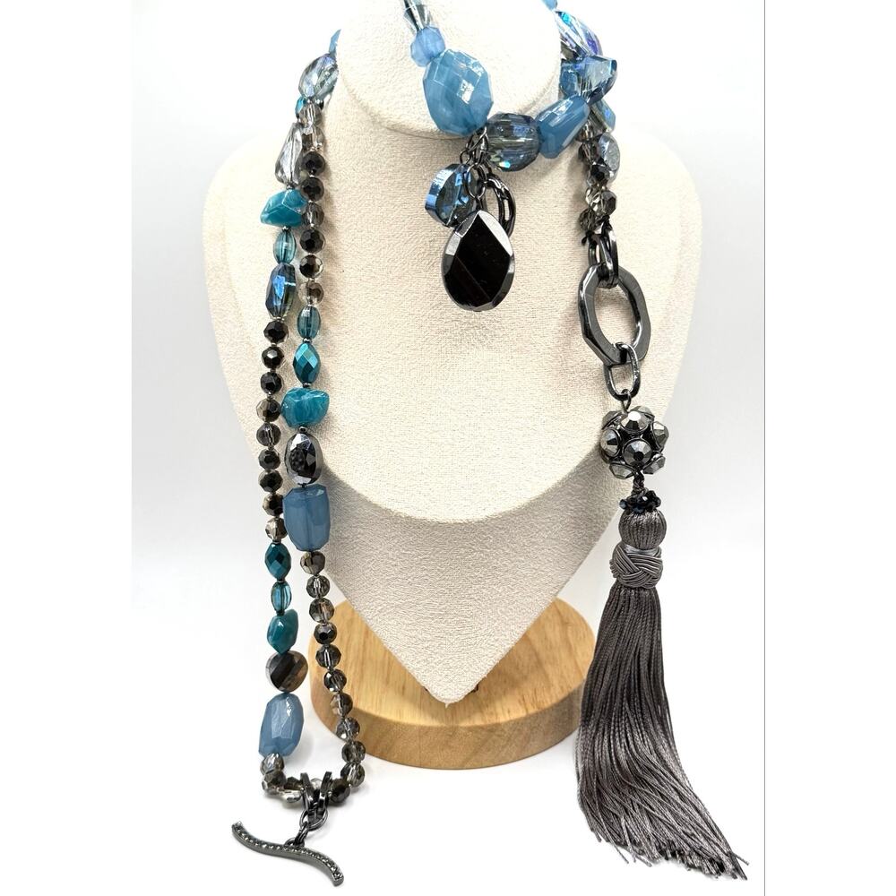 Statement Tassel Necklace & Bracelet Set | Blue Gray Boho Glam